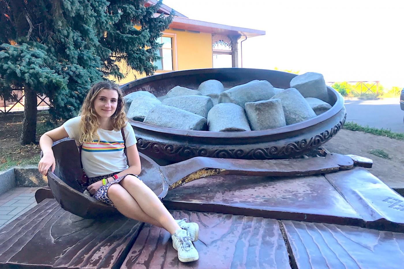 Francesca poses with a bowl of &quot;halusky.&quot; 